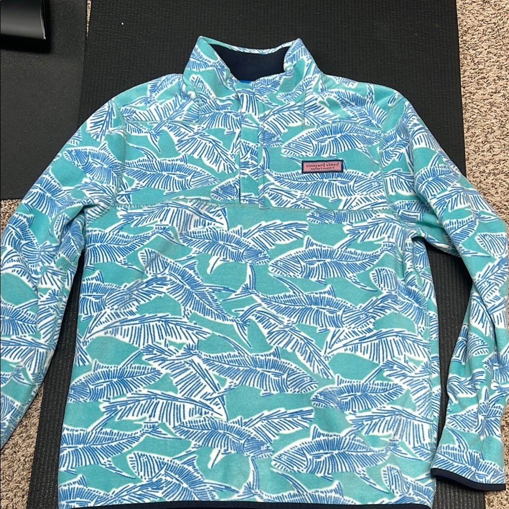 Vineyard Vines Teal and Blue Leaf Print Pullover